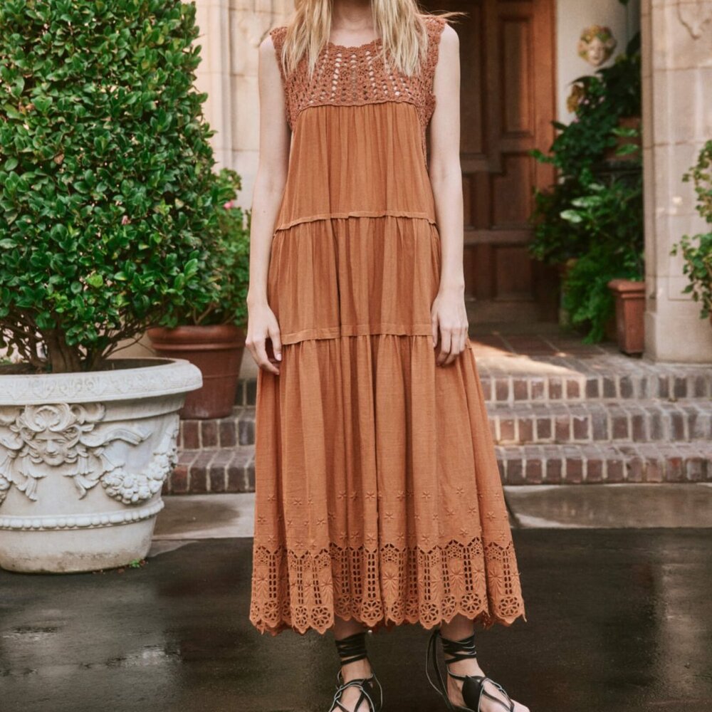 The Great Cotton Crochet Soleil Dress in Auburn Orange